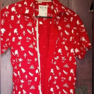 Red Tropical Print Men's Casual Shirt